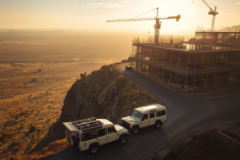 Construction site on a cliff at sunset with cranes and scaffolding, beside two white off-road vehicles on a curved road.