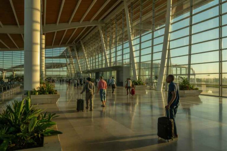 Busy airport terminal with travelers walking along a glass-walled corridor carrying rolling suitcases.