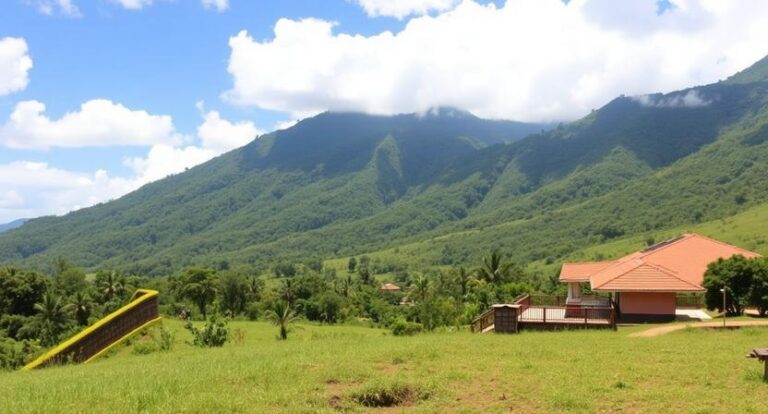 Open grassy valley with palm trees, a red-roofed house on the right, and forested mountains under a blue sky with clouds.