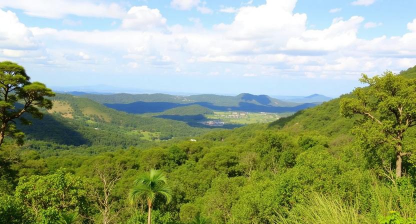 Wide view of green rolling hills and a forested valley under a blue sky with scattered clouds to the horizon.