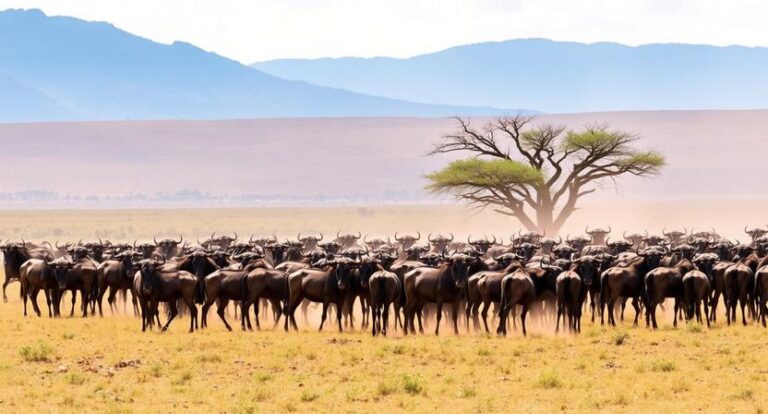 Herd of wildebeest gathered on a sunlit savanna with a lone acacia tree and distant mountains.