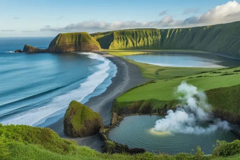 Coastline with green cliffs, black-sand beach, and a steaming volcanic crater lake along the shore.
