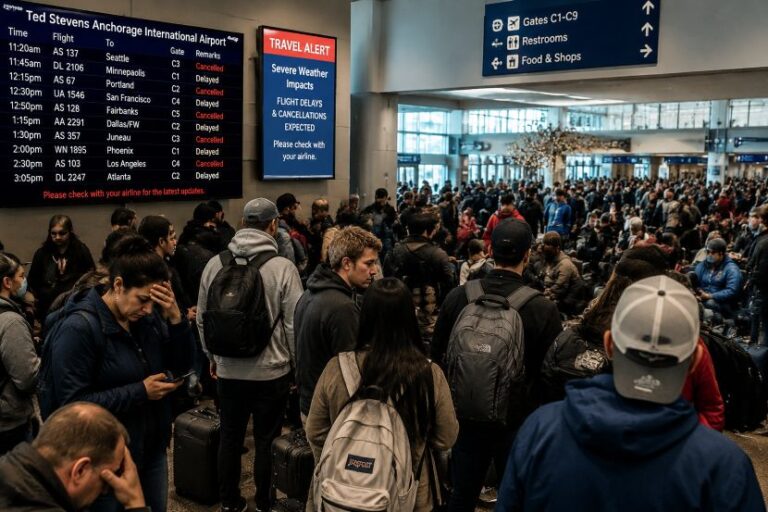 Crowded airport terminal with travelers standing among rolling suitcases beneath a digital flight information board and travel alerts sign.