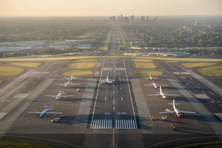 Aerial view of a spacious airport tarmac with parked airplanes and taxiways, leading to a distant city skyline at sunset.