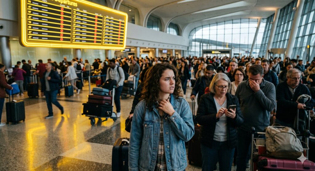 Busy airport departures hall with a long queue; woman in a denim jacket stands in the foreground looking worried.