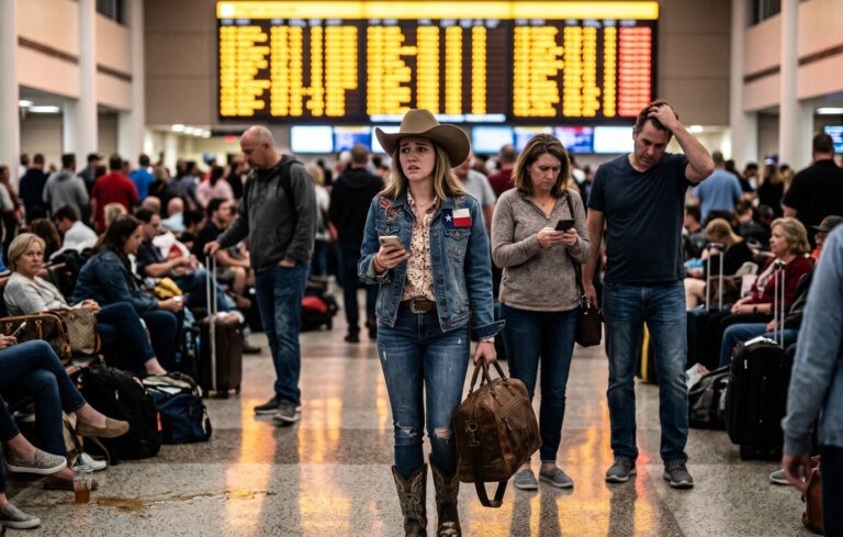A young woman in a cowboy hat, denim jacket, and distressed jeans walks through a crowded airport, holding a phone and carrying a leather bag as a large departure board looms in the background.