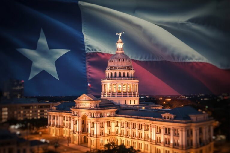 The Texas State Capitol in Austin lit at night, with a large waving Texas flag in the background.