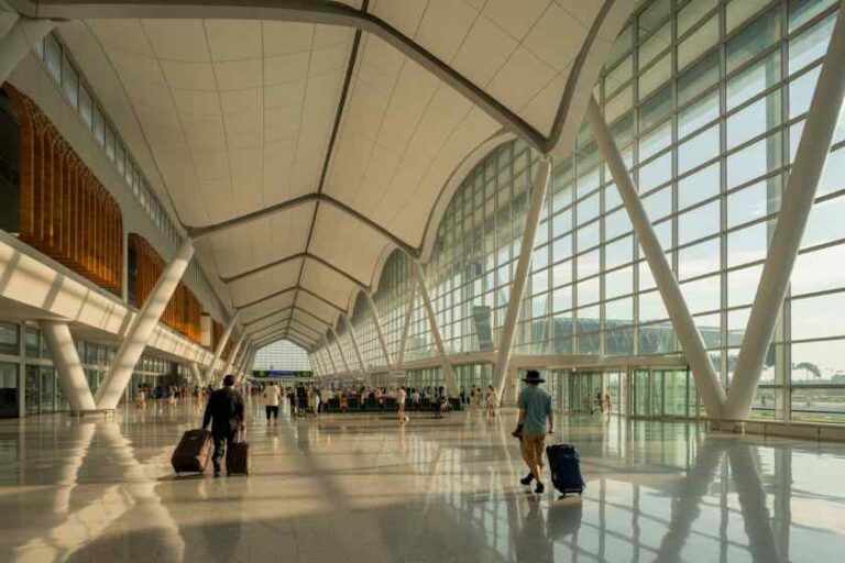 Interior of a bright, spacious airport terminal with glass walls, curved ceiling beams, and travelers with luggage walking toward gates.