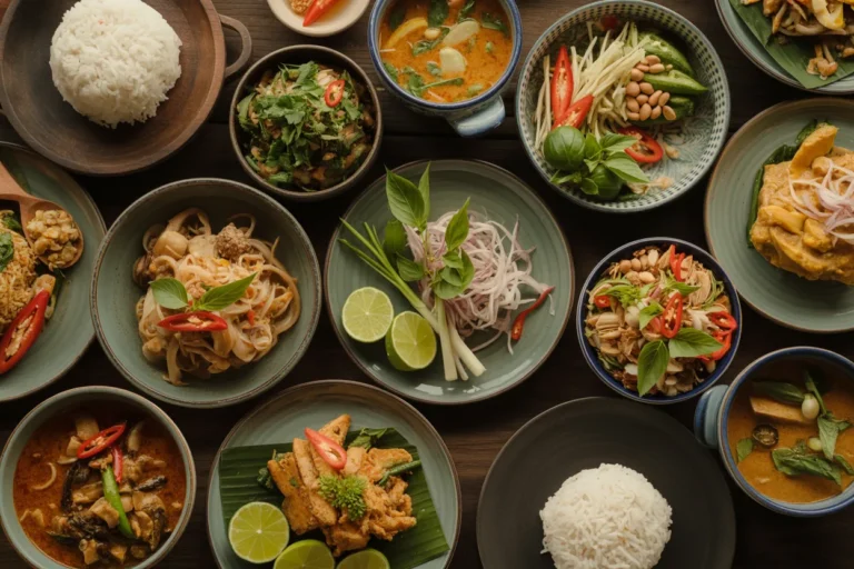 Assorted bowls of Asian dishes with rice, noodles, curries, and fresh herbs on a wooden table.” (informative image)