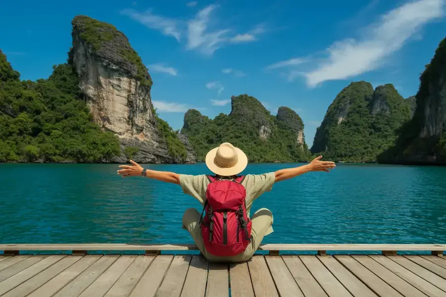 Person with a red backpack sits on a wooden dock with arms outstretched, facing turquoise water and towering limestone cliffs.