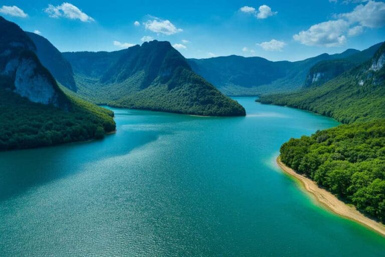 A wide turquoise lake winds through lush green mountains under a bright blue sky with scattered clouds.