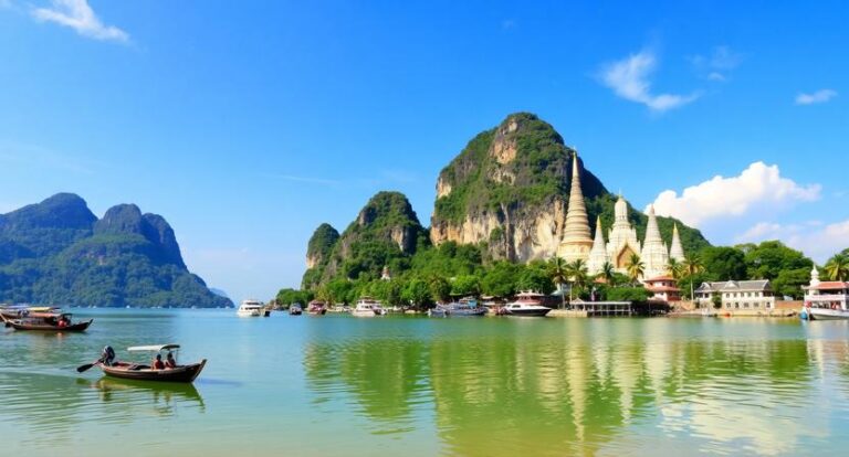 Calm tropical bay with limestone cliffs, palm trees, and a white-spired temple complex along the shore with boats nearby.