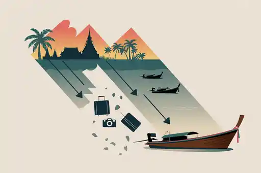 Illustration of a boat sinking in a river at sunset; items like a camera, suitcase, and wallet fall into the water as boats drift nearby.