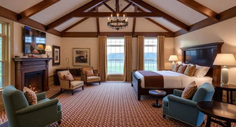 Luxurious hotel suite with king bed, seating area, fireplace, and chandelier in a warm, wood-beamed room with large windows.