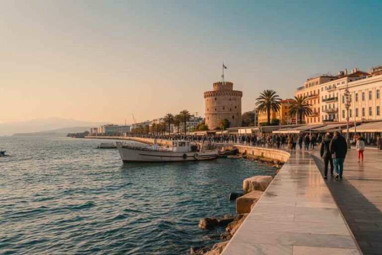 Thessaloniki waterfront featuring the White Tower, palm trees, and a busy promenade at sunset.