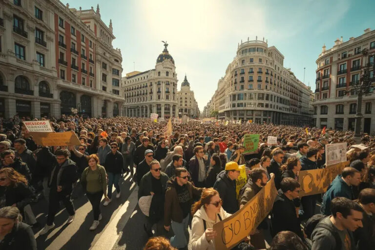 Large crowd of protesters marching down a sunny city street, holding signs and banners.