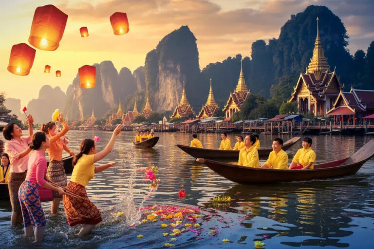 People release illuminated lanterns over a river during a festive ceremony beside temple buildings on a riverbank at sunset.