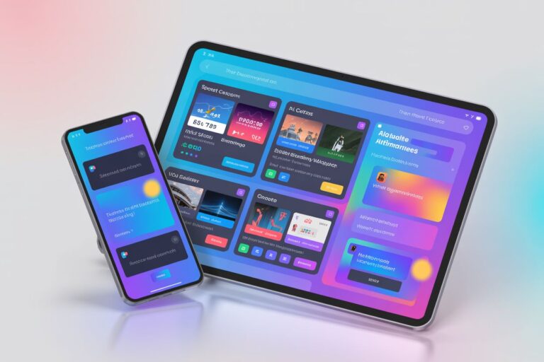 Tablet and smartphone showing a colorful dashboard UI on gradient background, tilted for a 3D effect.