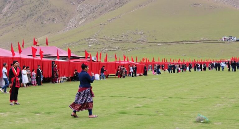 Line of red tents with red flags along a grassy field, people strolling past against a hillside backdrop.