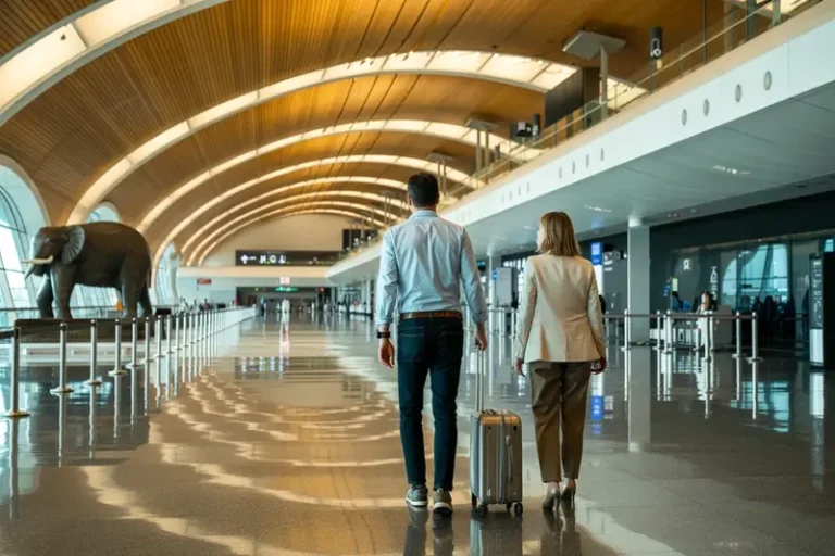 Two travelers walk away from the camera through a bright airport concourse with a rolling suitcase beside them and an elephant statue off to the left.