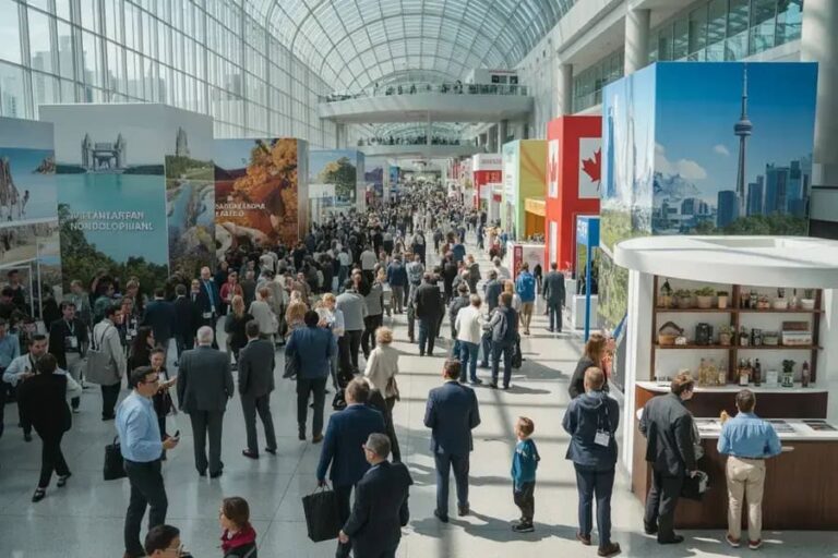 Busy convention hall with rows of colorful exhibitor booths and many attendees networking and exploring displays.