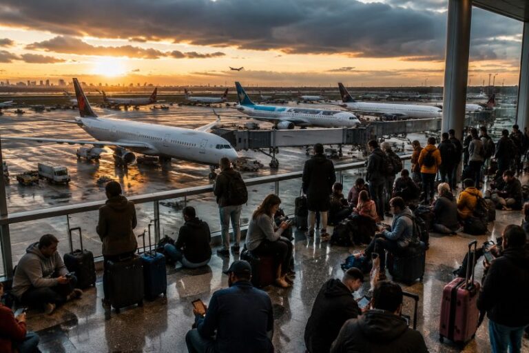 Crowded airport viewing area with passengers seated and waiting, luggage scattered, as several airplanes are docked at gates at sunset.