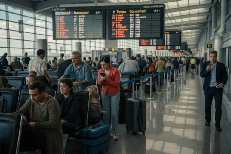 Busy airport terminal with passengers waiting, luggage, and large departure boards overhead in a spacious concourse.
