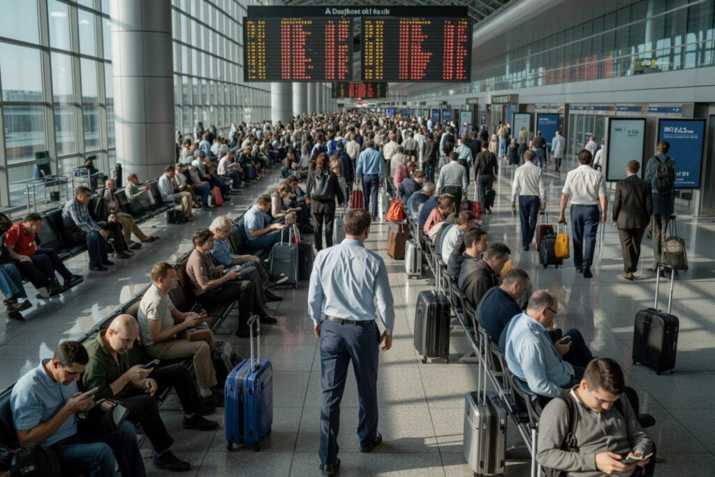 Busy airport terminal with rows of seated travelers and rolling suitcases, a man stands in the foreground beneath a large digital departure board.