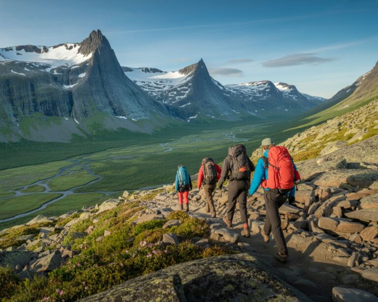Four hikers with colorful backpacks trek a rocky mountain trail toward snow‑capped peaks and a green valley.