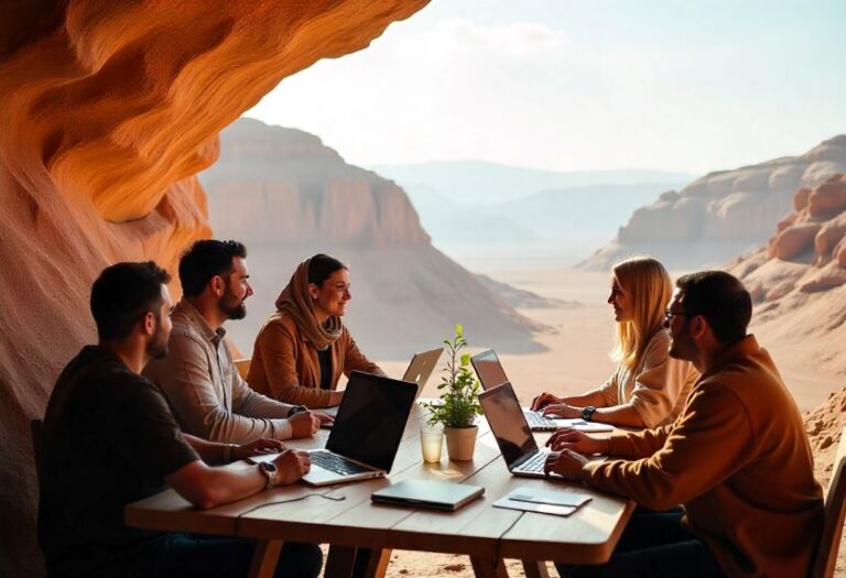 Five coworkers sit around a wooden table with laptops in a desert canyon, collaborating outdoors at daylight
