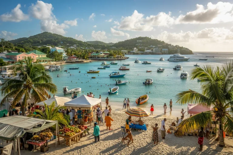 Beach market on white sand with stalls, palm trees, and people; turquoise bay with boats and a distant island.