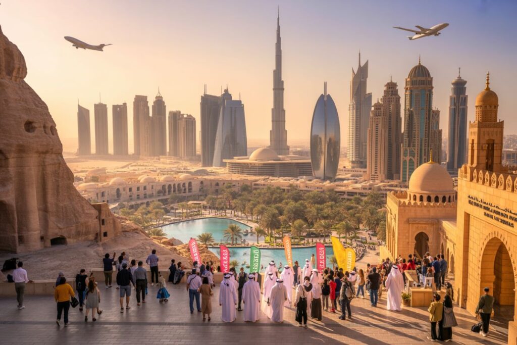 Crowds on a terrace overlooking Dubai's skyline, including the Burj Khalifa, with palm trees and a reflecting pool below at sunset.