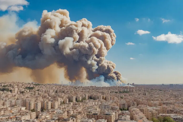 Massive smoke plume rising over a densely built city after an explosion, under a clear blue sky.
