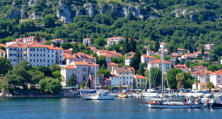 Coastal town with white buildings and red-tiled roofs along a marina; boats docked in calm water