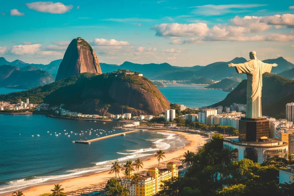 Rio de Janeiro coastline with Christ the Redeemer statue, Sugarloaf Mountain, and sandy beaches in a sunny panorama.