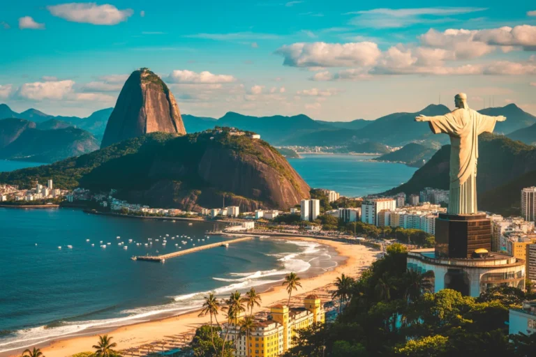 Rio de Janeiro coastline with Christ the Redeemer statue, Sugarloaf Mountain, and sandy beaches in a sunny panorama.