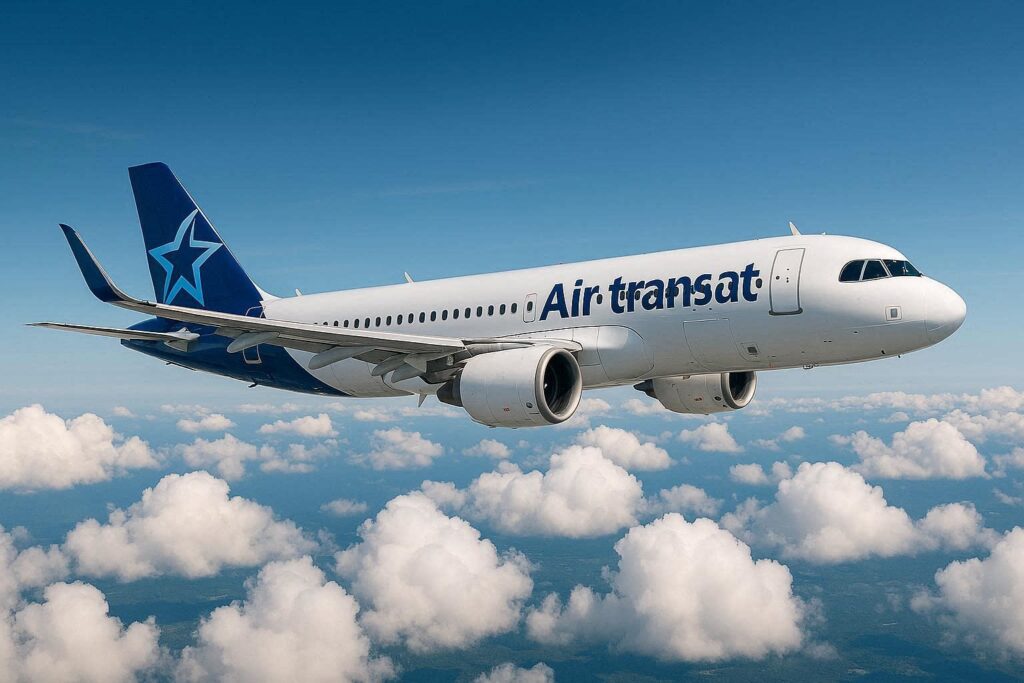 Air Transat passenger jet in flight over a blue sky and white clouds with a blue tail fin and star logo on the tail