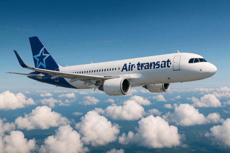 Air Transat passenger jet in flight over a blue sky and white clouds with a blue tail fin and star logo on the tail