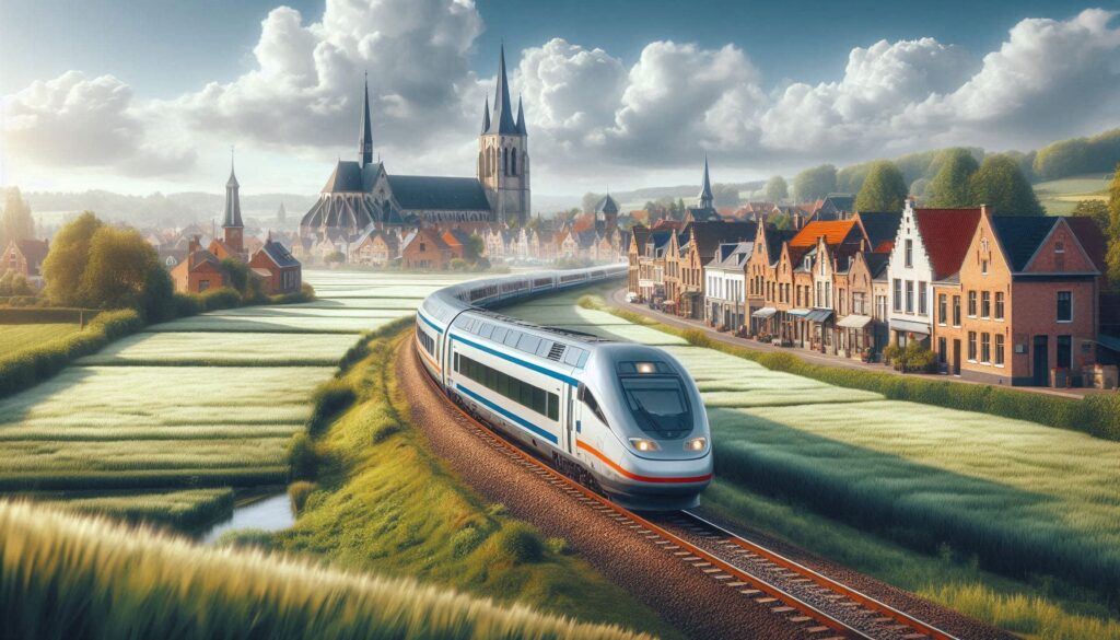 High-speed train curves along tracks through a rural village with a large church and green fields under a cloudy sky.