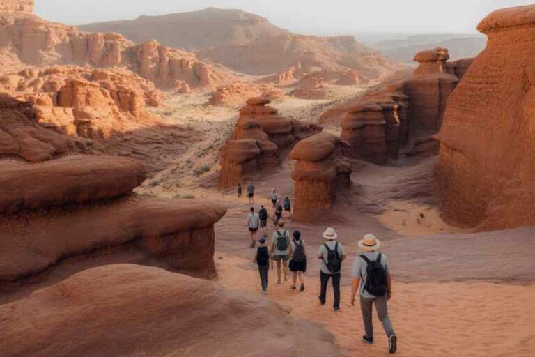 Group of hikers walking along a red sandstone canyon trail, with towering rock formations on both sides.