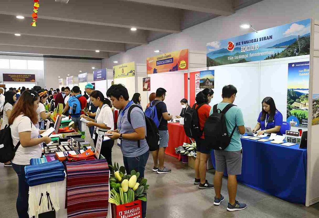 Crowded indoor trade show with attendees browsing colorful booths and a blue booth staffed by an exhibitor, shelves of brochures visible.",