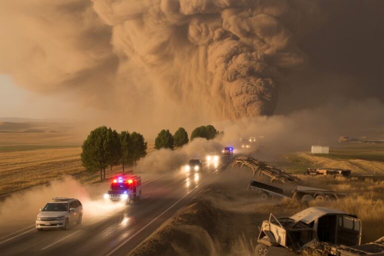 Dust storm and wildfire plume on a rural highway with emergency vehicles approaching, smoke obscuring the road ahead.