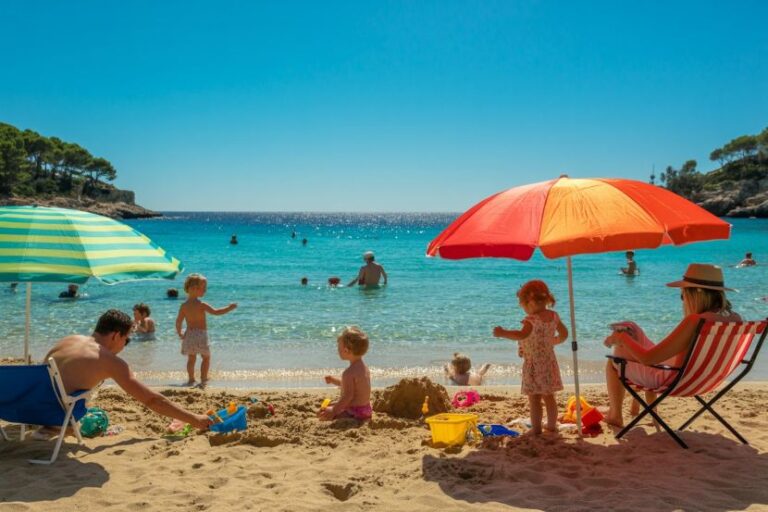 Family at a sunny beach with colorful umbrellas; children play in the sand near calm turquoise water as adults relax nearby.