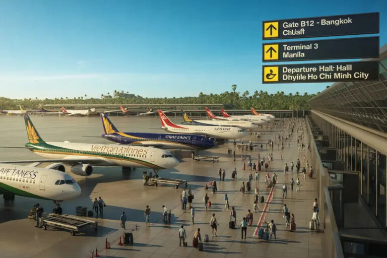 Wide view of a sunny airport apron with several planes parked and passengers walking with luggage; signs point to Gate B12, Terminal 3, and Departure Hall.