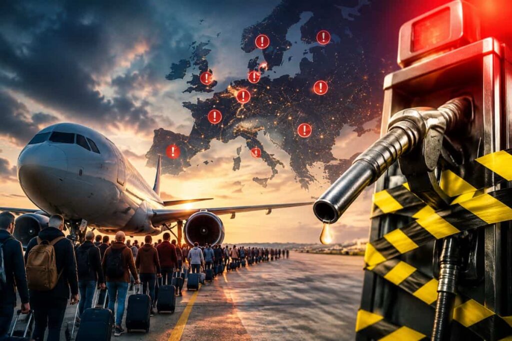 Passengers with rolling suitcases line up at a jetway as a large airplane sits on the tarmac, with a world map of alert icons and a fuel pump in the foreground (disruption imagery).