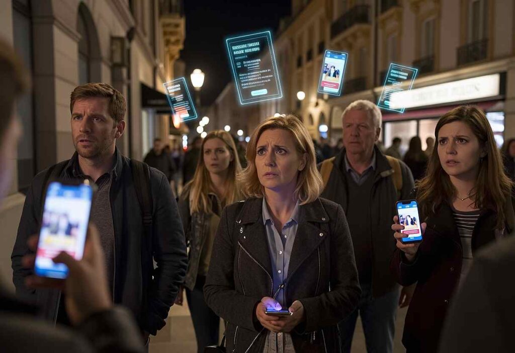 Group of adults on a city street at night, looking surprised as holographic screens hover above them showing digital posters.