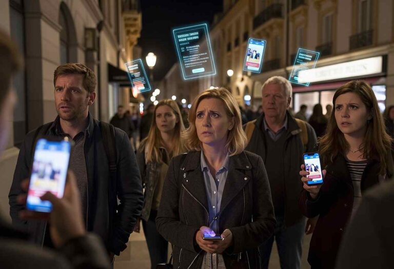 Group of adults on a city street at night, looking surprised as holographic screens hover above them showing digital posters.