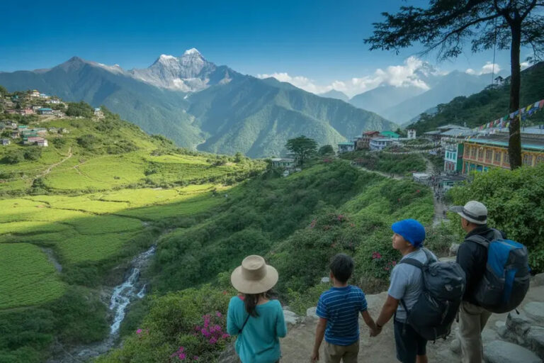 Family of four travelers overlooks terraced fields and snow-capped mountains in a Himalayan village, backpacks on and hats visible.
