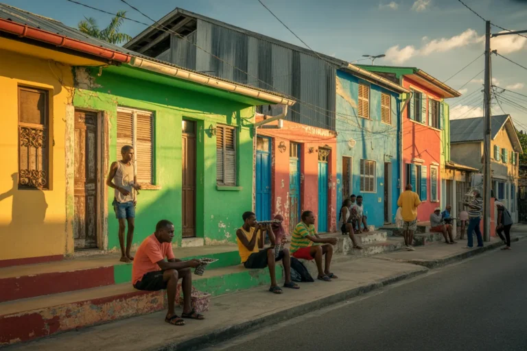Colorful row of houses in yellow, green, blue, and red with neighbors sitting along the sunlit sidewalk.