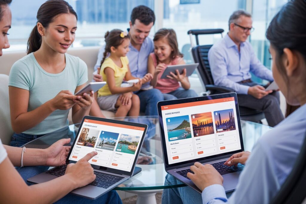 Group of people in a lounge using laptops/tablets to view travel booking pages on their screens.